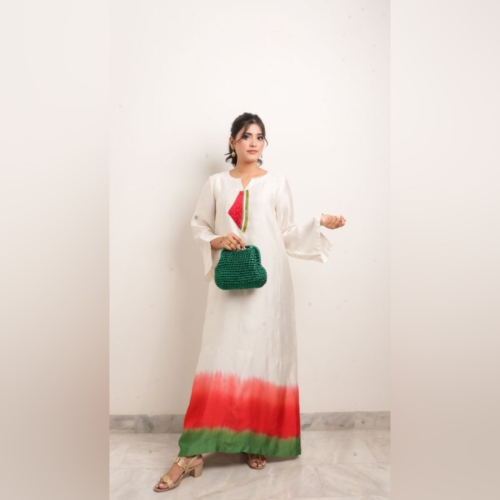 Elegant White Maxi Dress with Red and Green Accents